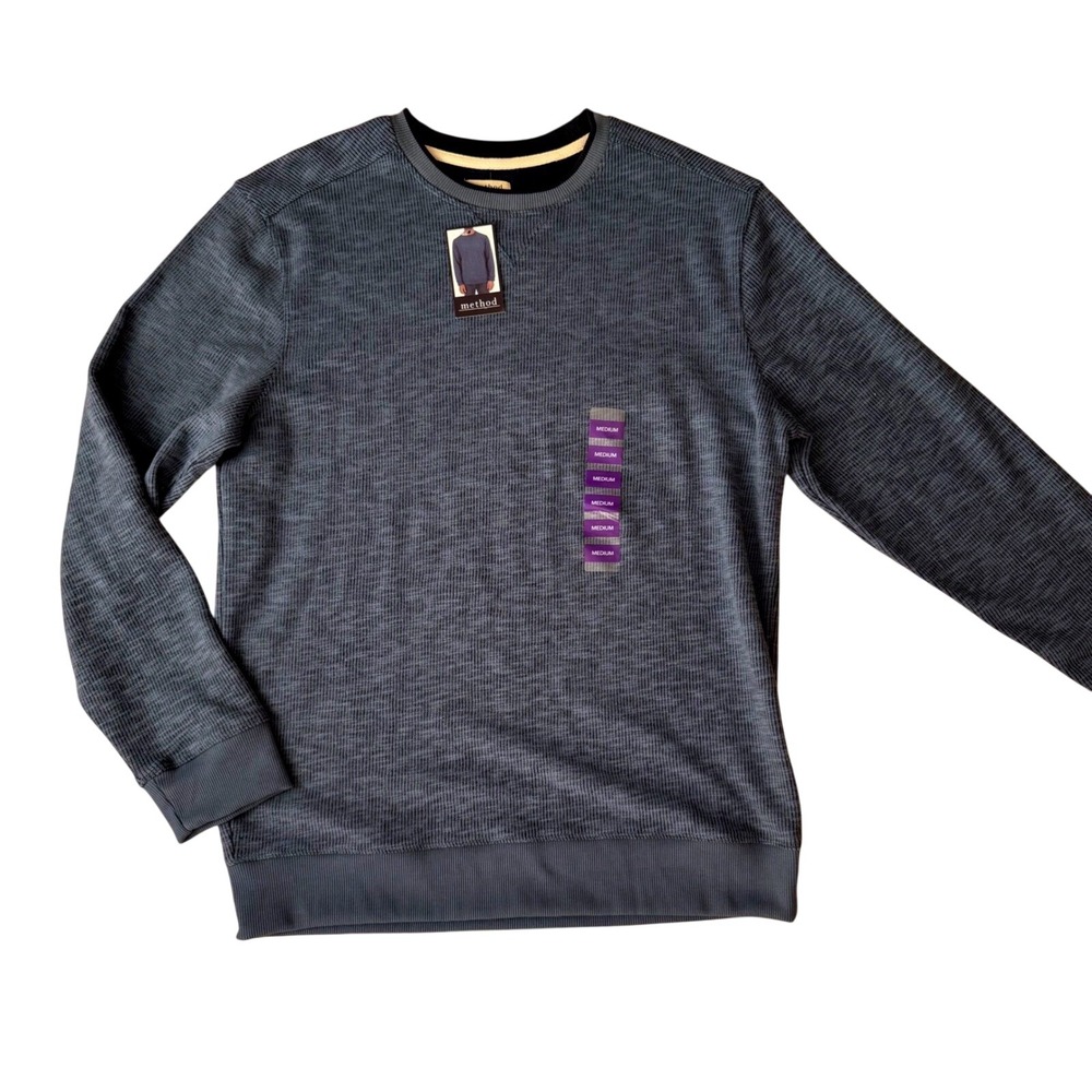Method Mens Textured Waffle Knit Crew Neck Pullover Sweater Blue Heather Medium - Picture 1 of 8